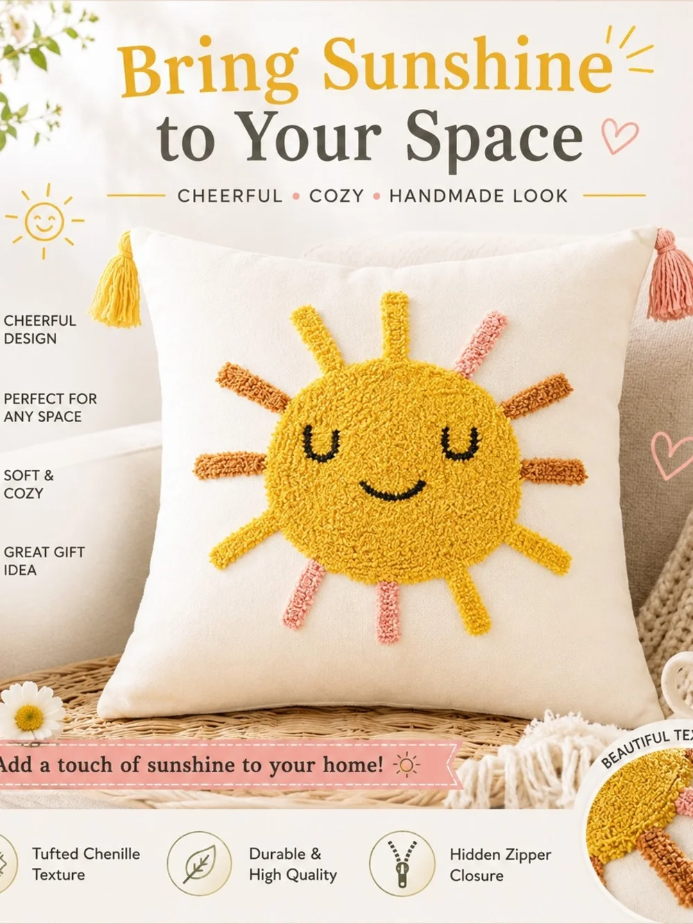Sunshine Tufted Chenille Throw Pillow - Yellow Sun Design With Insert